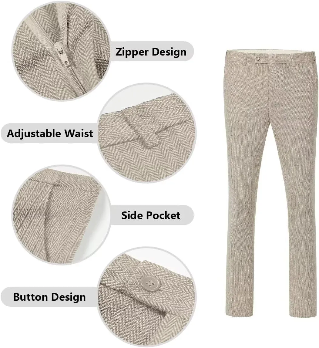 Retro Tweed Brown Men Suit 3 Piece Herringbone Slim Fit Suits Wedding Tuxedos Set Prom Jacket Blazers Vest Pants for Mens