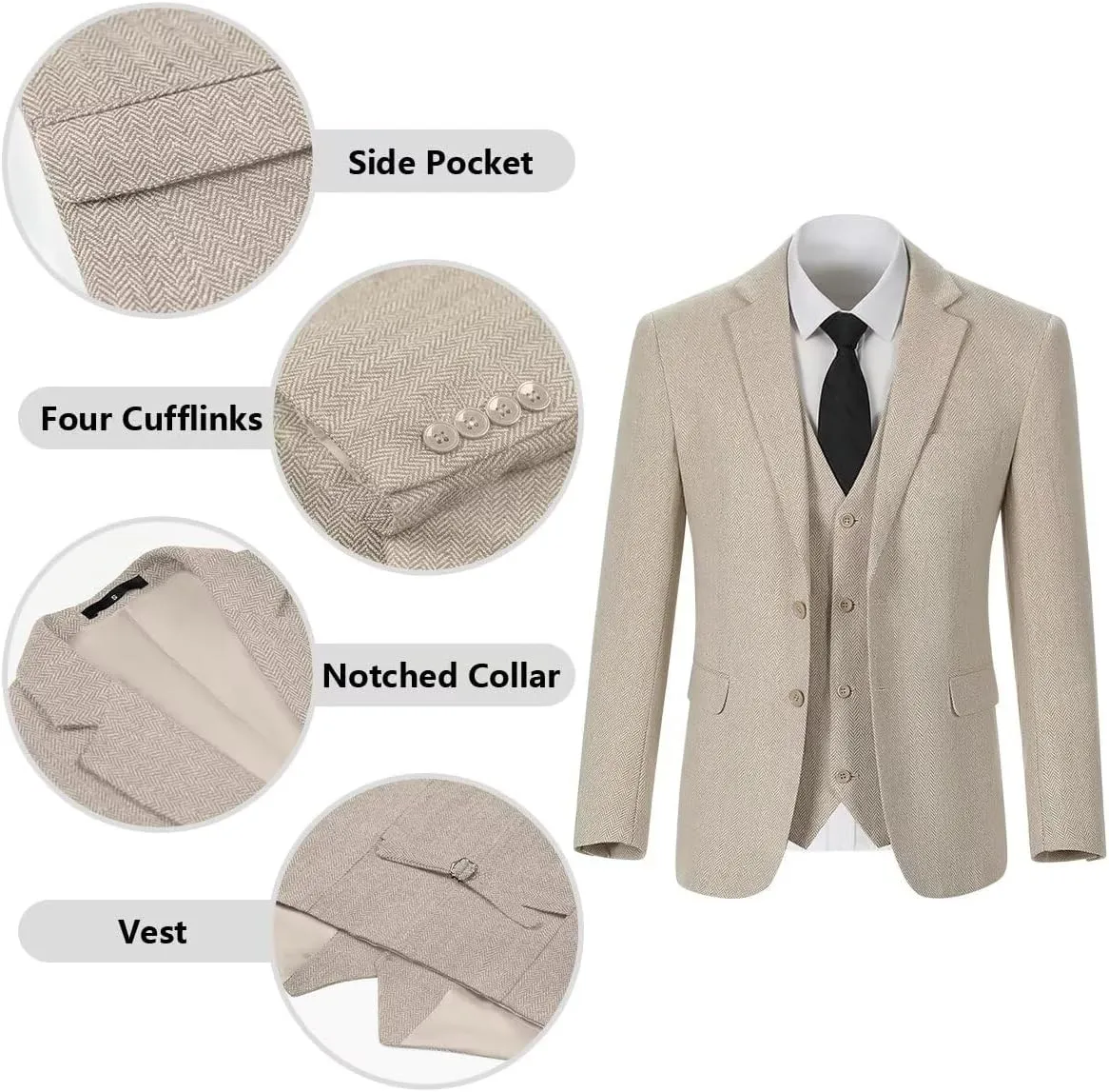 Retro Tweed Brown Men Suit 3 Piece Herringbone Slim Fit Suits Wedding Tuxedos Set Prom Jacket Blazers Vest Pants for Mens