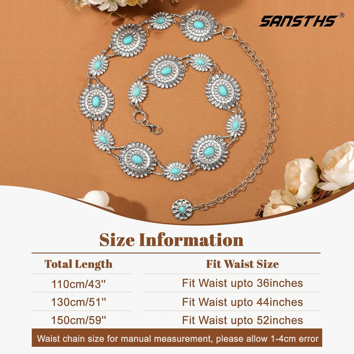 SANSTHS Women Western Metal Chain Belt Cowgirl Waist Chain Belt for Dresses Jeans Concho Gold Chain Hip Belt