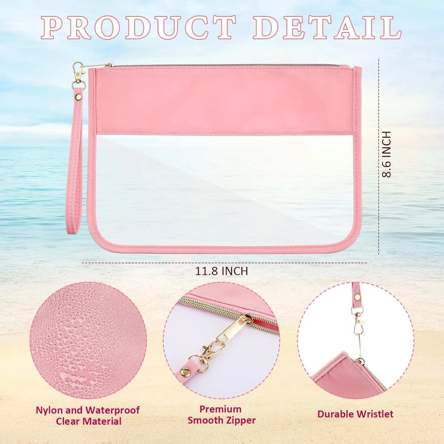 Sanwuta 3 Pcs Preppy Makeup Bag Clear Zipper Pouches for Travel Clear PVC Flat Pouch Nylon Makeup Bags Cosmetic Travel Toiletry for Women Girls(Pink, Beige, Brown)