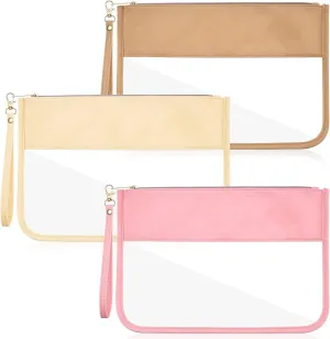 Sanwuta 3 Pcs Preppy Makeup Bag Clear Zipper Pouches for Travel Clear PVC Flat Pouch Nylon Makeup Bags Cosmetic Travel Toiletry for Women Girls(Pink, Beige, Brown)