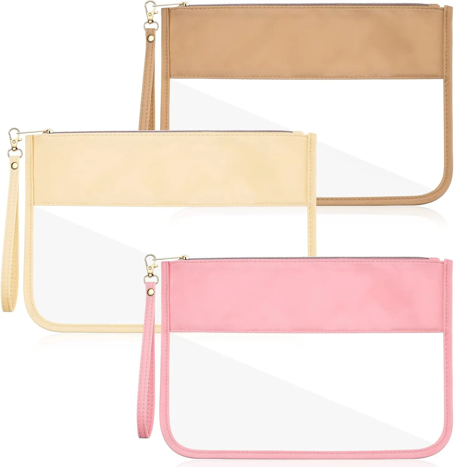 Sanwuta 3 Pcs Preppy Makeup Bag Clear Zipper Pouches for Travel Clear PVC Flat Pouch Nylon Makeup Bags Cosmetic Travel Toiletry for Women Girls(Pink, Beige, Brown)