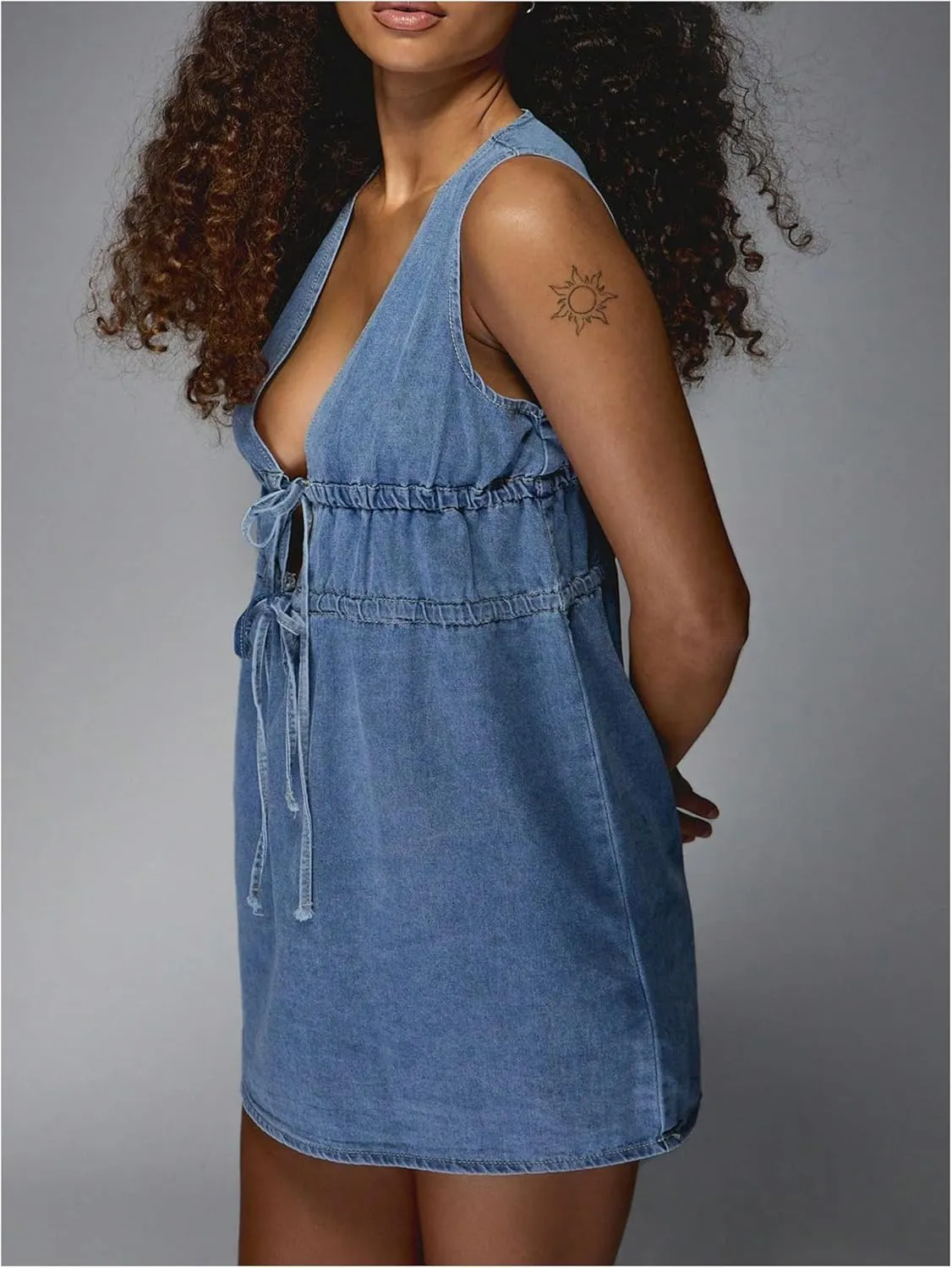 SHENHE Women's Deep V Neck Tie Bow Sleeveless Denim Mini Dress Summer Casual Jean Tank Dresses