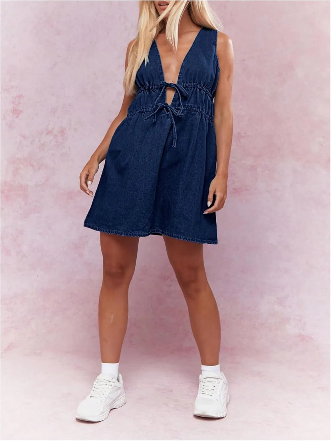 SHENHE Women's Deep V Neck Tie Bow Sleeveless Denim Mini Dress Summer Casual Jean Tank Dresses