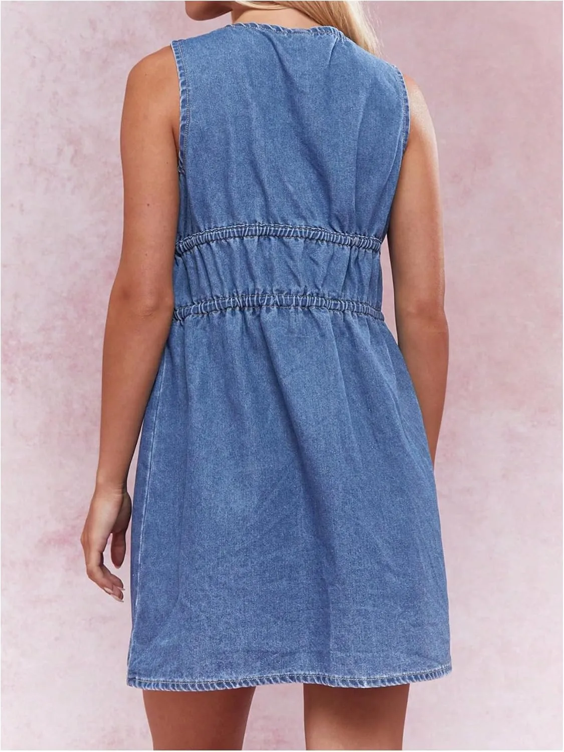 SHENHE Women's Deep V Neck Tie Bow Sleeveless Denim Mini Dress Summer Casual Jean Tank Dresses