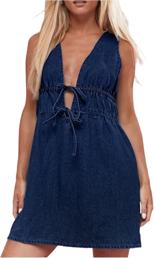 SHENHE Women's Deep V Neck Tie Bow Sleeveless Denim Mini Dress Summer Casual Jean Tank Dresses
