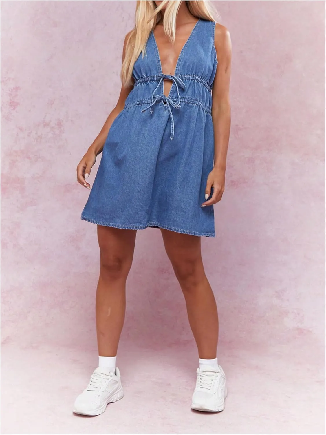 SHENHE Women's Deep V Neck Tie Bow Sleeveless Denim Mini Dress Summer Casual Jean Tank Dresses