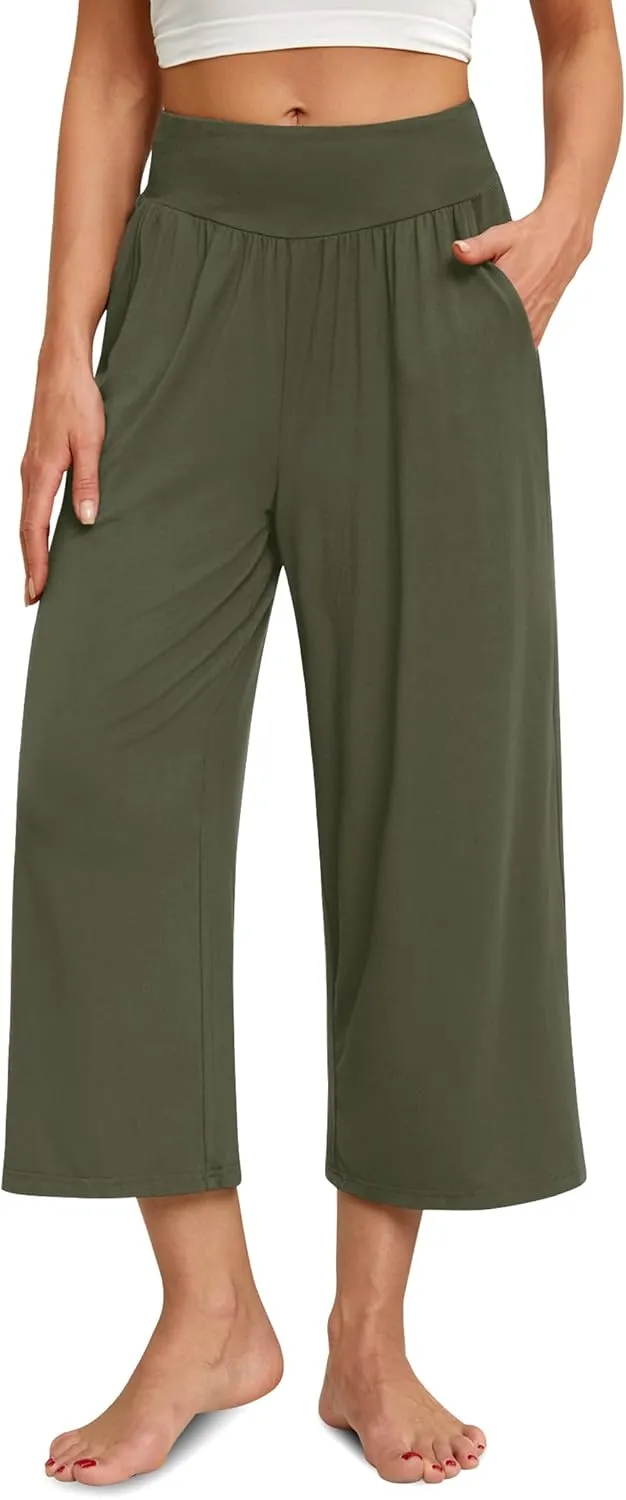 siliteelon Wide Leg Capri Pants for Women Lounge Pajama Pants Women Casual Loose Comfy Flowy Palazzo Pants with Pockets