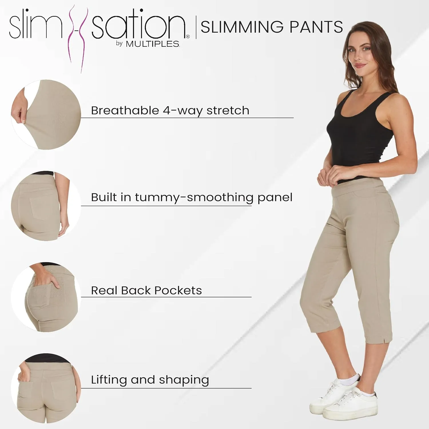 SLIM-SATION Women's Standard Wide Band Pull on Straight Leg Capri with Tummy Control