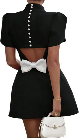SOLY HUX Women's Mini Dress Cut Out Bow Mock Neck Puff Short Sleeve A Line Party Dresses