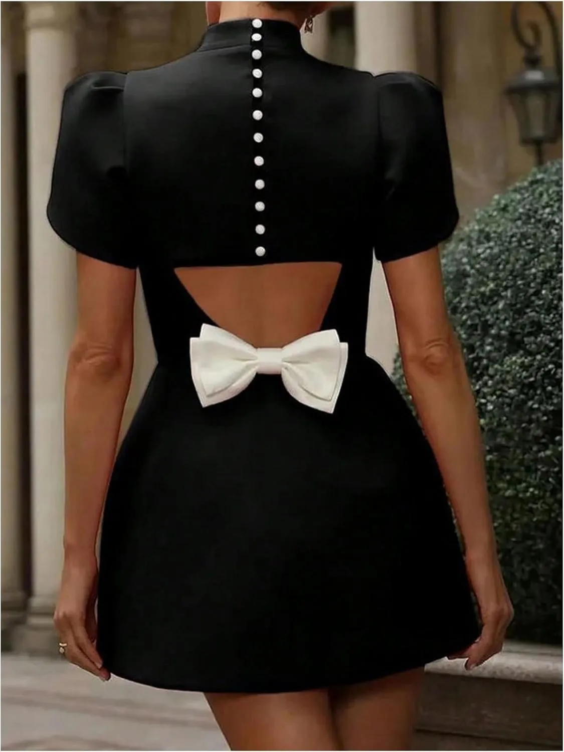 SOLY HUX Women's Mini Dress Cut Out Bow Mock Neck Puff Short Sleeve A Line Party Dresses