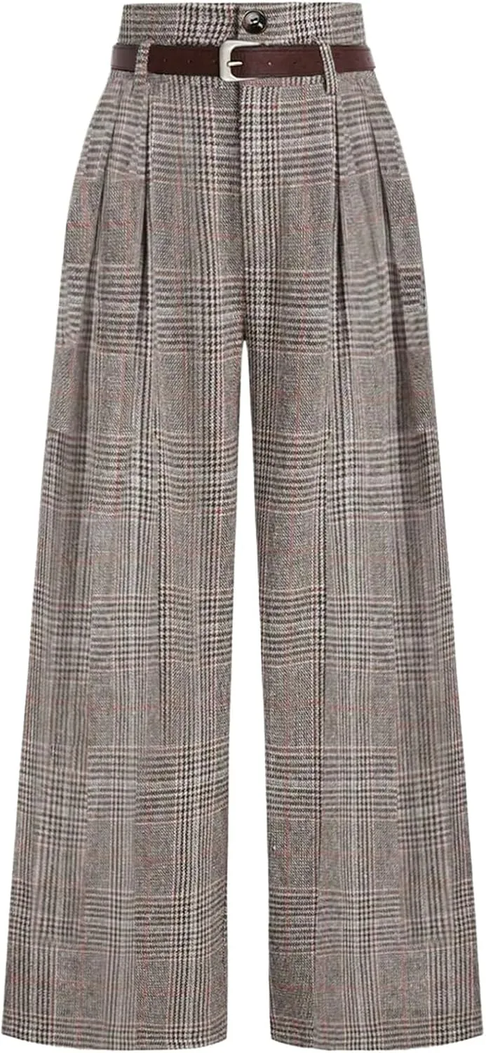 SOLY HUX Women's Plaid High Waisted Wide Leg Pants Casual Work Office Long Trousers