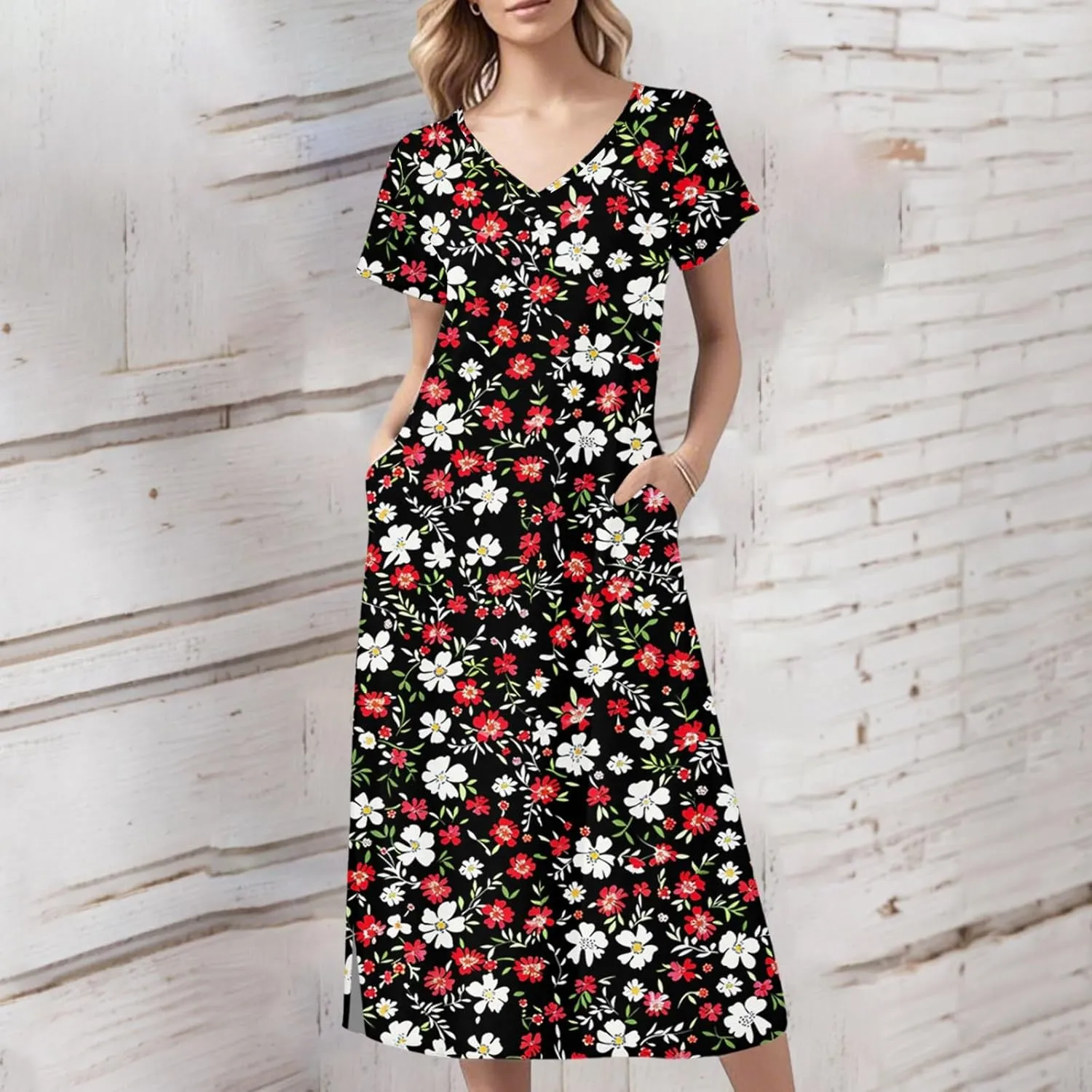 Spring Dresses for Women 2025 Midi Short Sleeve A Line Dress Loose Flowy T Shirt Dresses Beach Dress with Pockets