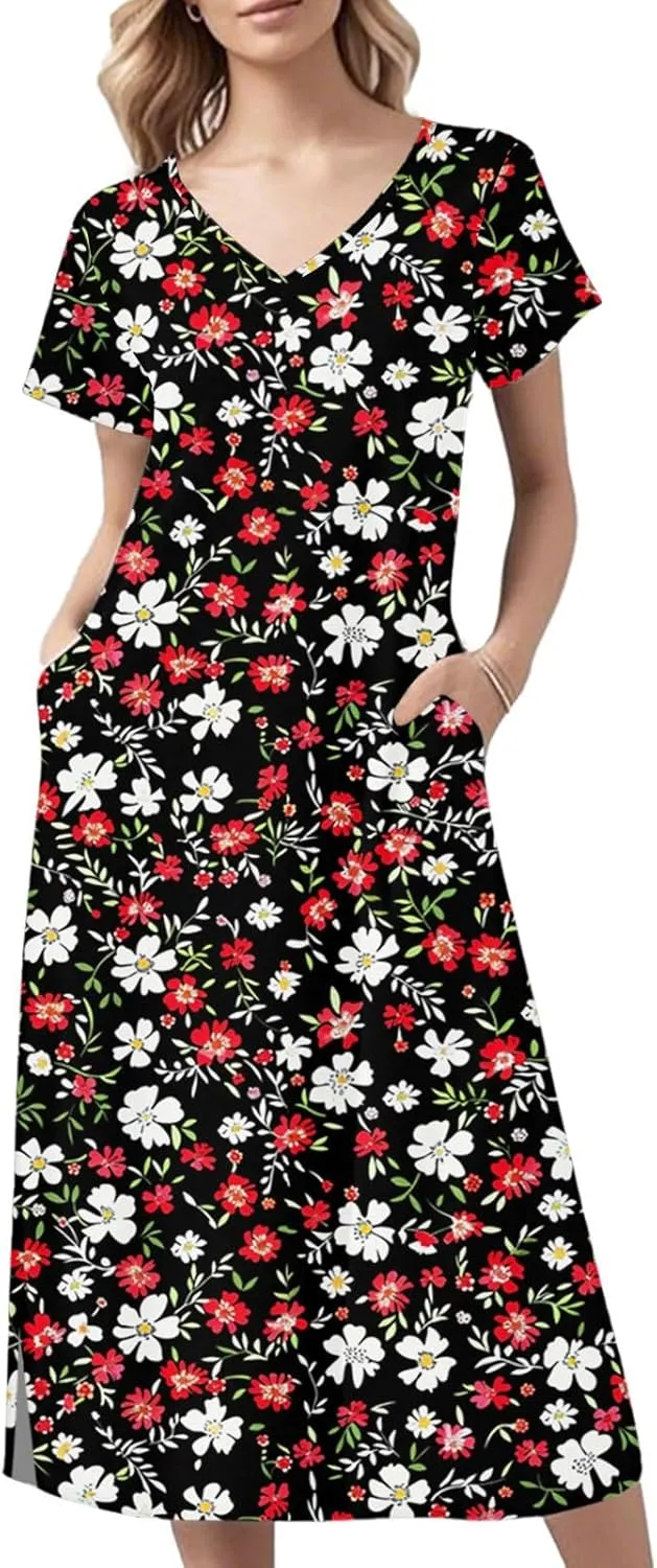 Spring Dresses for Women 2025 Midi Short Sleeve A Line Dress Loose Flowy T Shirt Dresses Beach Dress with Pockets