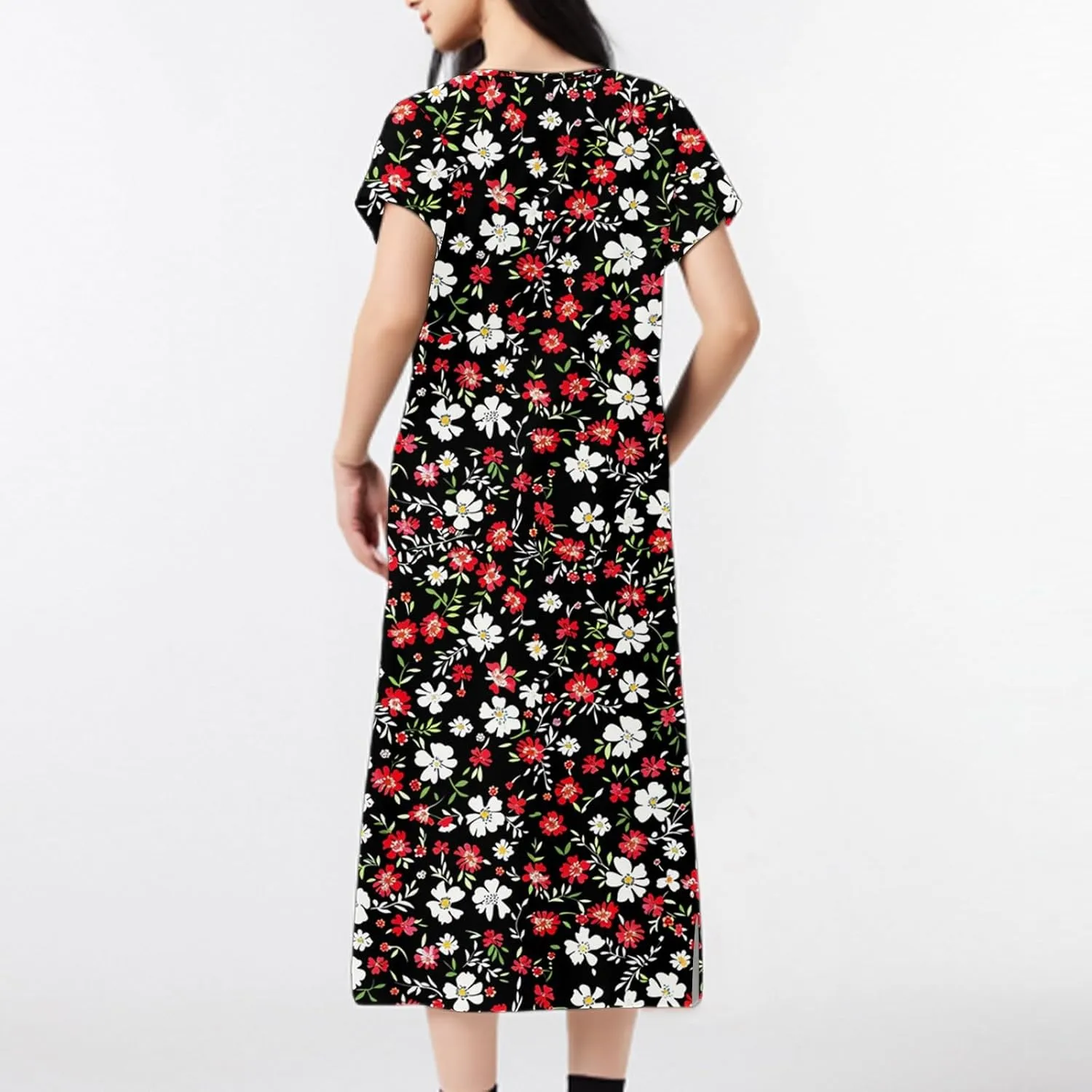 Spring Dresses for Women 2025 Midi Short Sleeve A Line Dress Loose Flowy T Shirt Dresses Beach Dress with Pockets