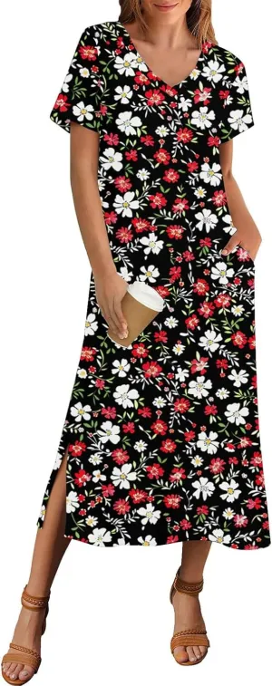 Spring Dresses for Women 2025 Midi Short Sleeve A Line Dress Loose Flowy T Shirt Dresses Beach Dress with Pockets