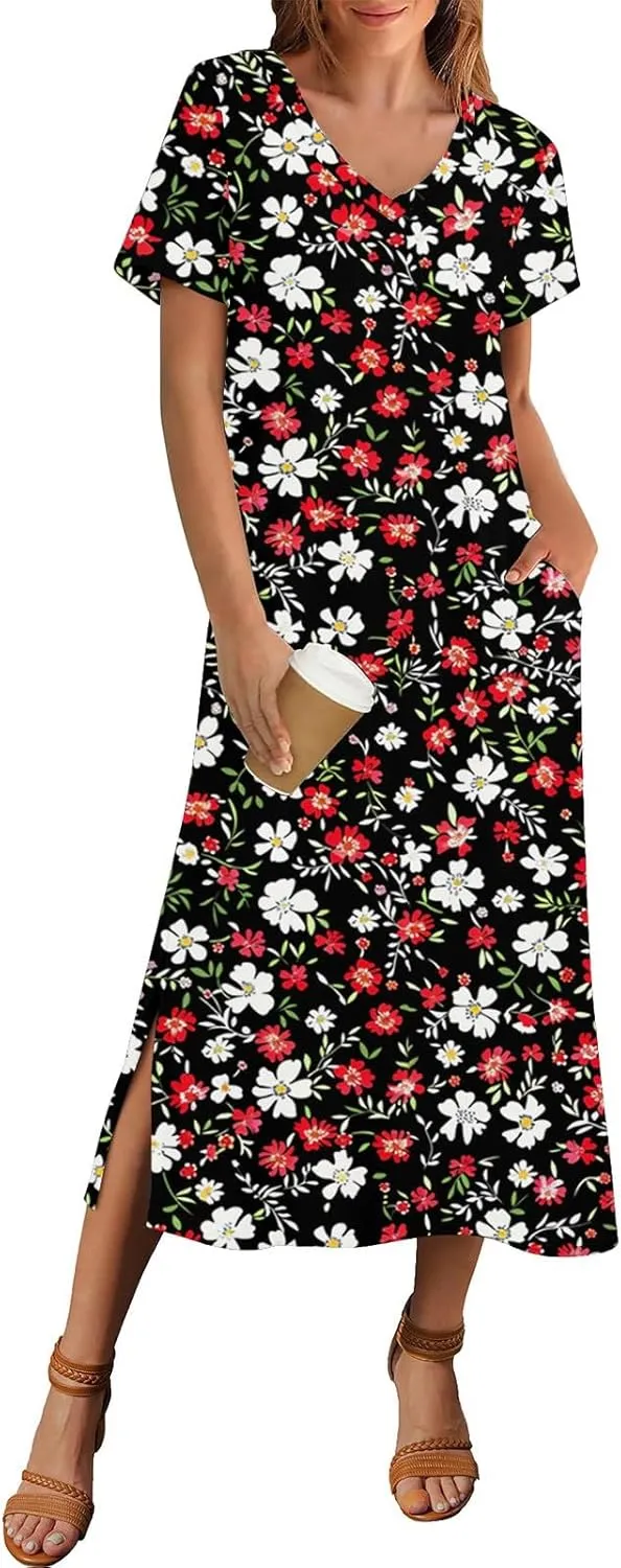 Spring Dresses for Women 2025 Midi Short Sleeve A Line Dress Loose Flowy T Shirt Dresses Beach Dress with Pockets