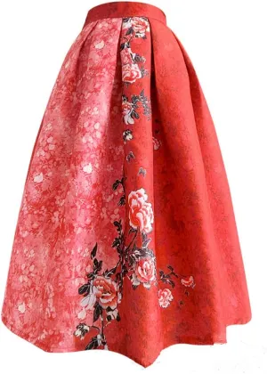 Spring Summer Clothes Women Pink Floral Print High Waist Pleated Midi Skirt