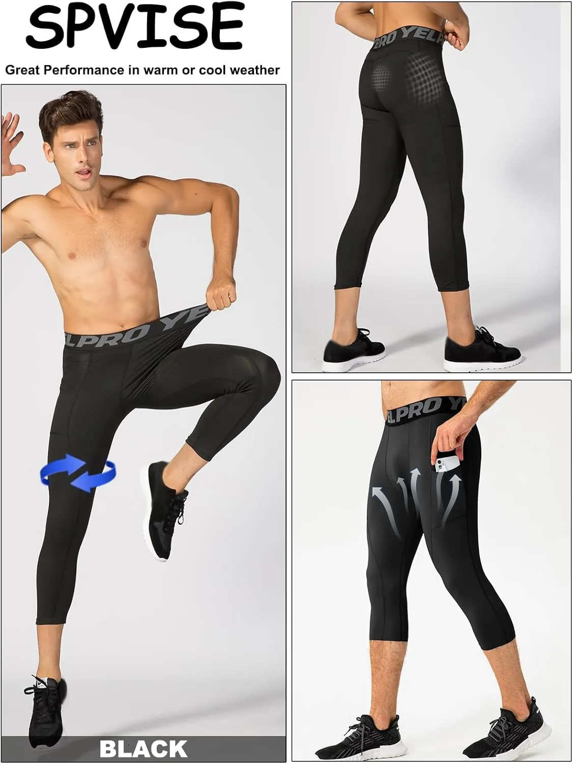 SPVISE 1 or 3 Pack 3/4 Compression Pants Men Athletic Gym Capri Leggings Running Tights Dry Fit Basketball Sports Base Layer