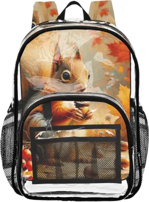 Squirrel Autumn Floral Clear Backpack for Women Girls Backpack for Kids Pvc School Plastic Bookbag