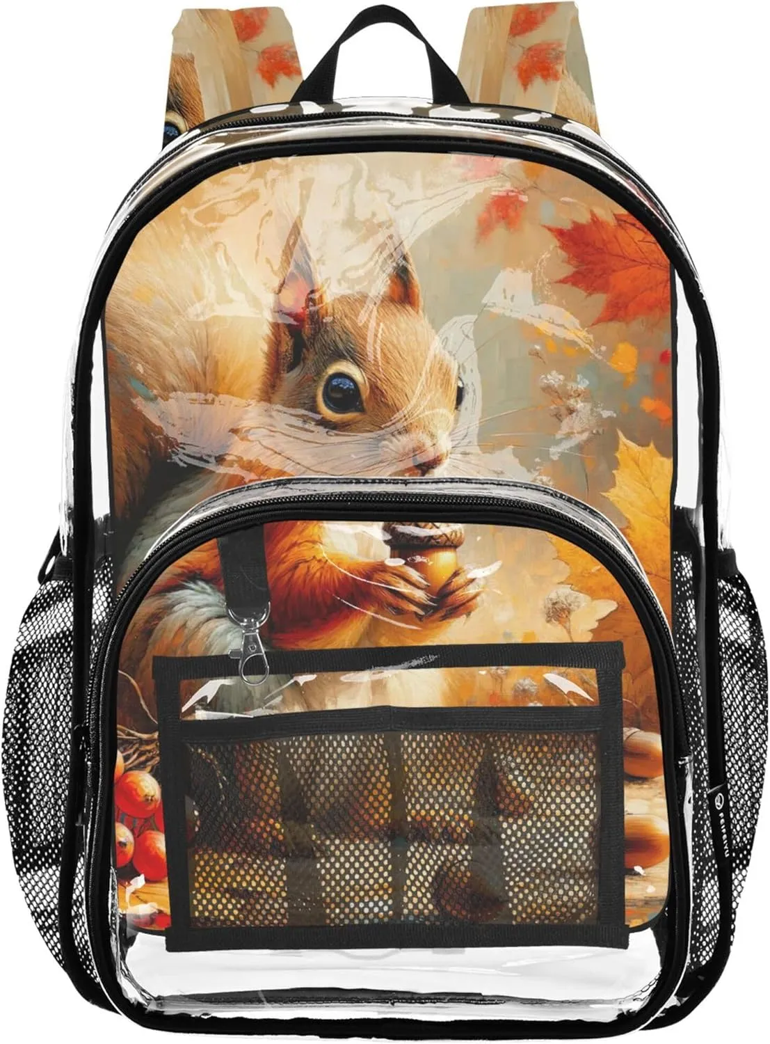 Squirrel Autumn Floral Clear Backpack for Women Girls Backpack for Kids Pvc School Plastic Bookbag