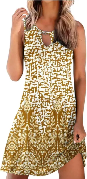 Summer Dresses for Women 2024 Sexy Sleeveless Sundress Retro Boho Floral Beach Party Dress Casual Flowy Crewneck Mini Dress