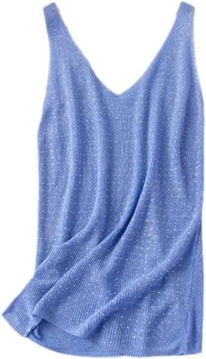 Summer Knitted Tank for Women Sleeveless Bling Diamond Vest White Black Loose Camisole Tops
