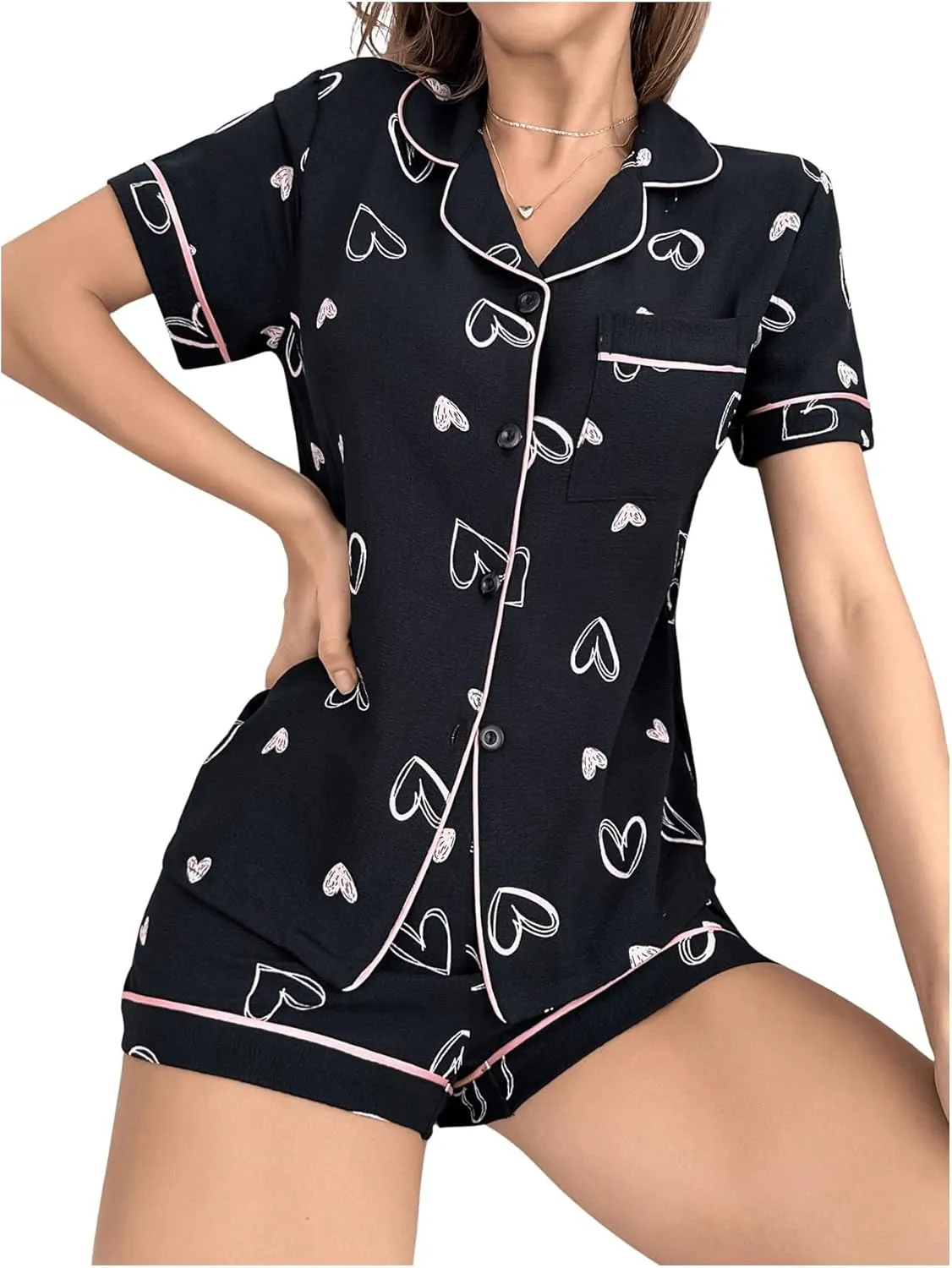 SweatyRocks Women's 2 Piece Pajama Sets Heart Graphic Short Sleeve Button Up Shirt Top and Shorts Set Lounge