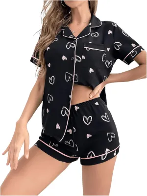 SweatyRocks Women's 2 Piece Pajama Sets Heart Graphic Short Sleeve Button Up Shirt Top and Shorts Set Lounge