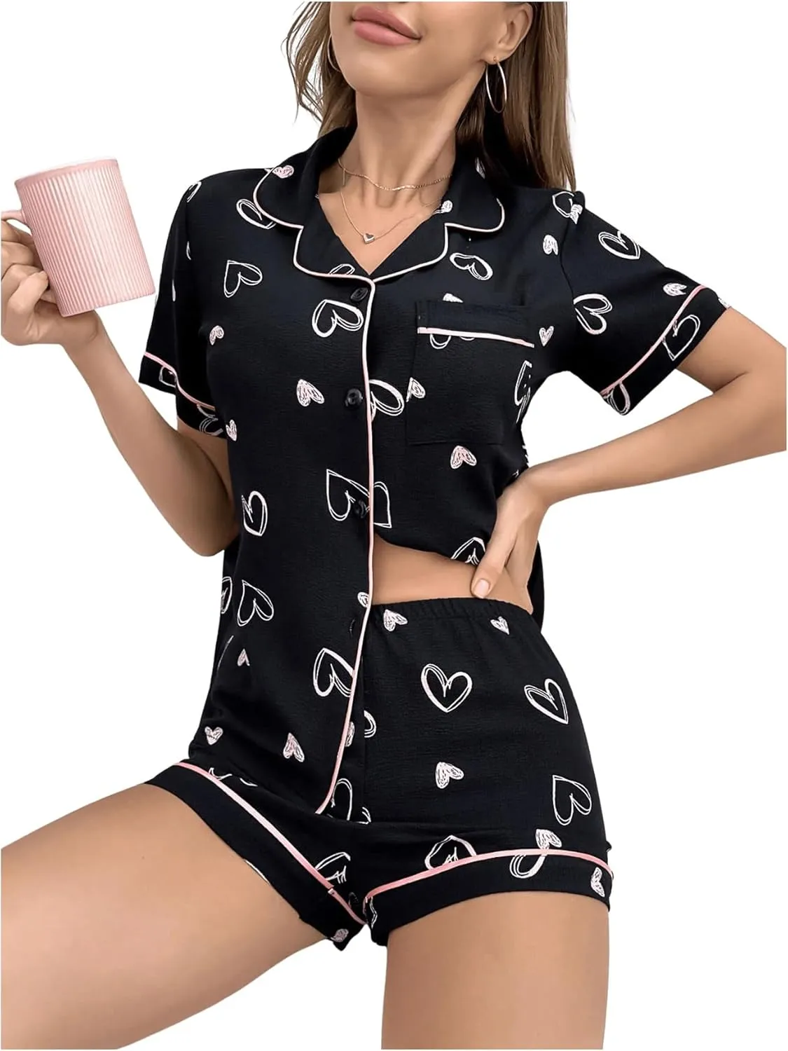 SweatyRocks Women's 2 Piece Pajama Sets Heart Graphic Short Sleeve Button Up Shirt Top and Shorts Set Lounge