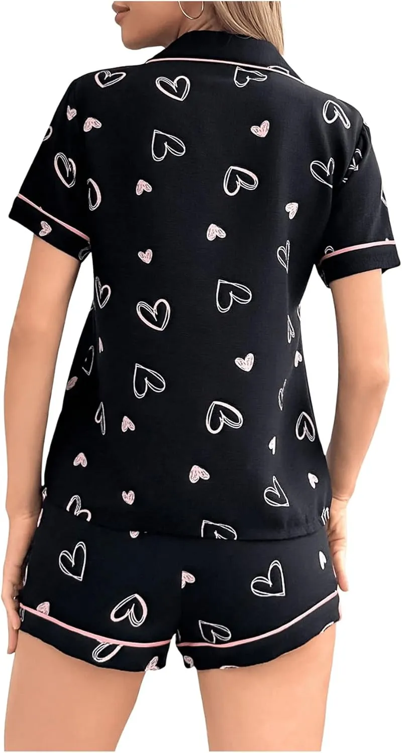 SweatyRocks Women's 2 Piece Pajama Sets Heart Graphic Short Sleeve Button Up Shirt Top and Shorts Set Lounge