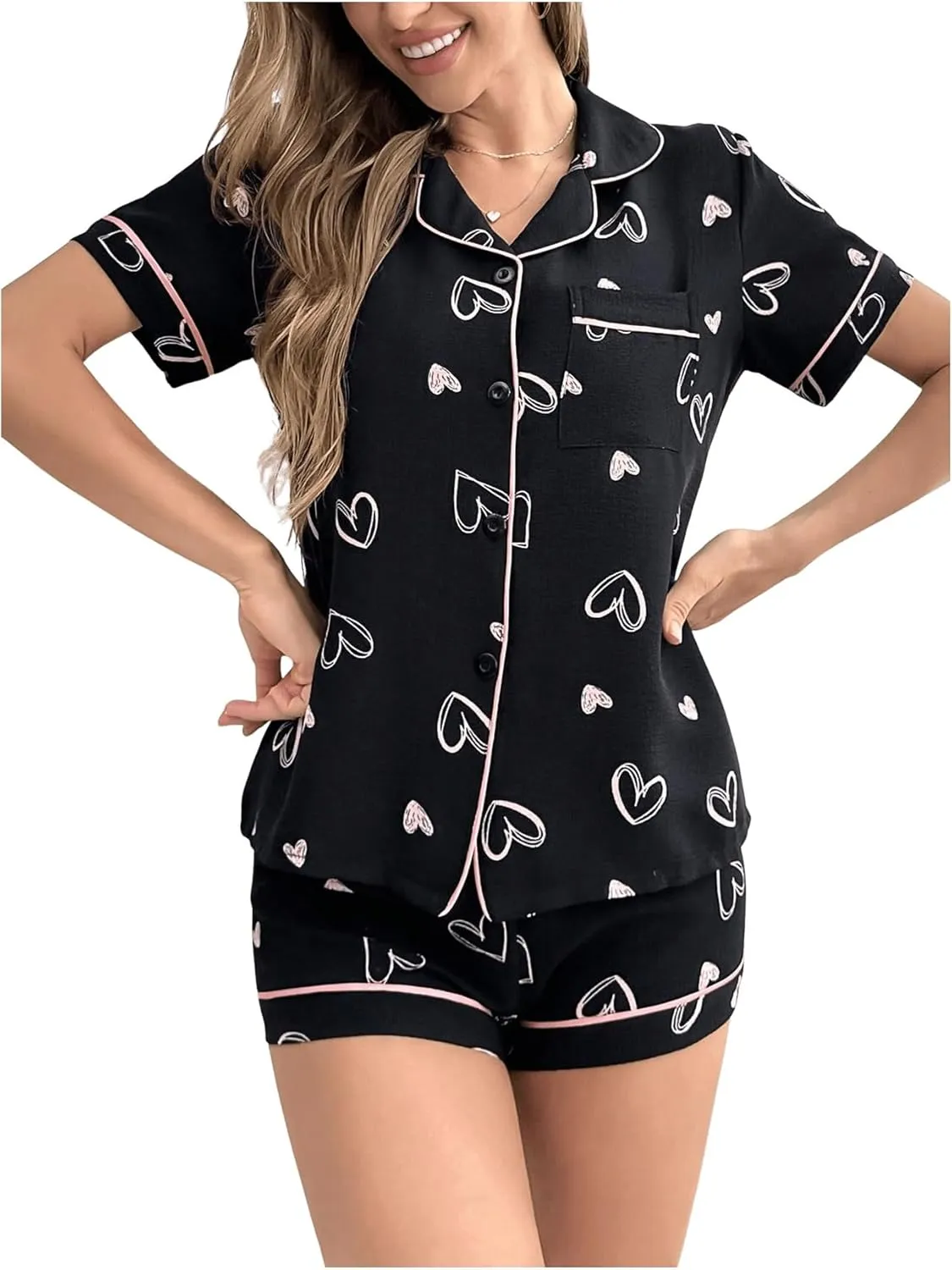 SweatyRocks Women's 2 Piece Pajama Sets Heart Graphic Short Sleeve Button Up Shirt Top and Shorts Set Lounge