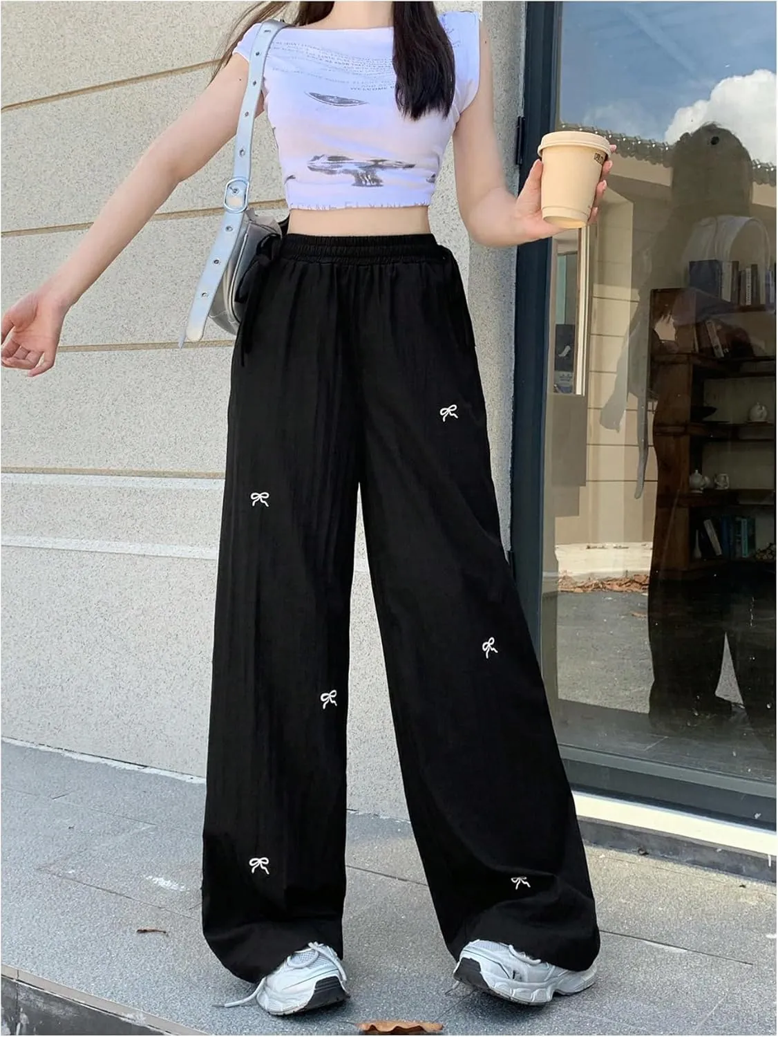SweatyRocks Women's Bow Pants Drawstring High Waist Wide Leg Casual Loose Trousers