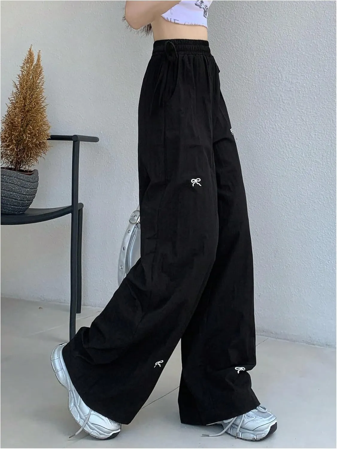 SweatyRocks Women's Bow Pants Drawstring High Waist Wide Leg Casual Loose Trousers