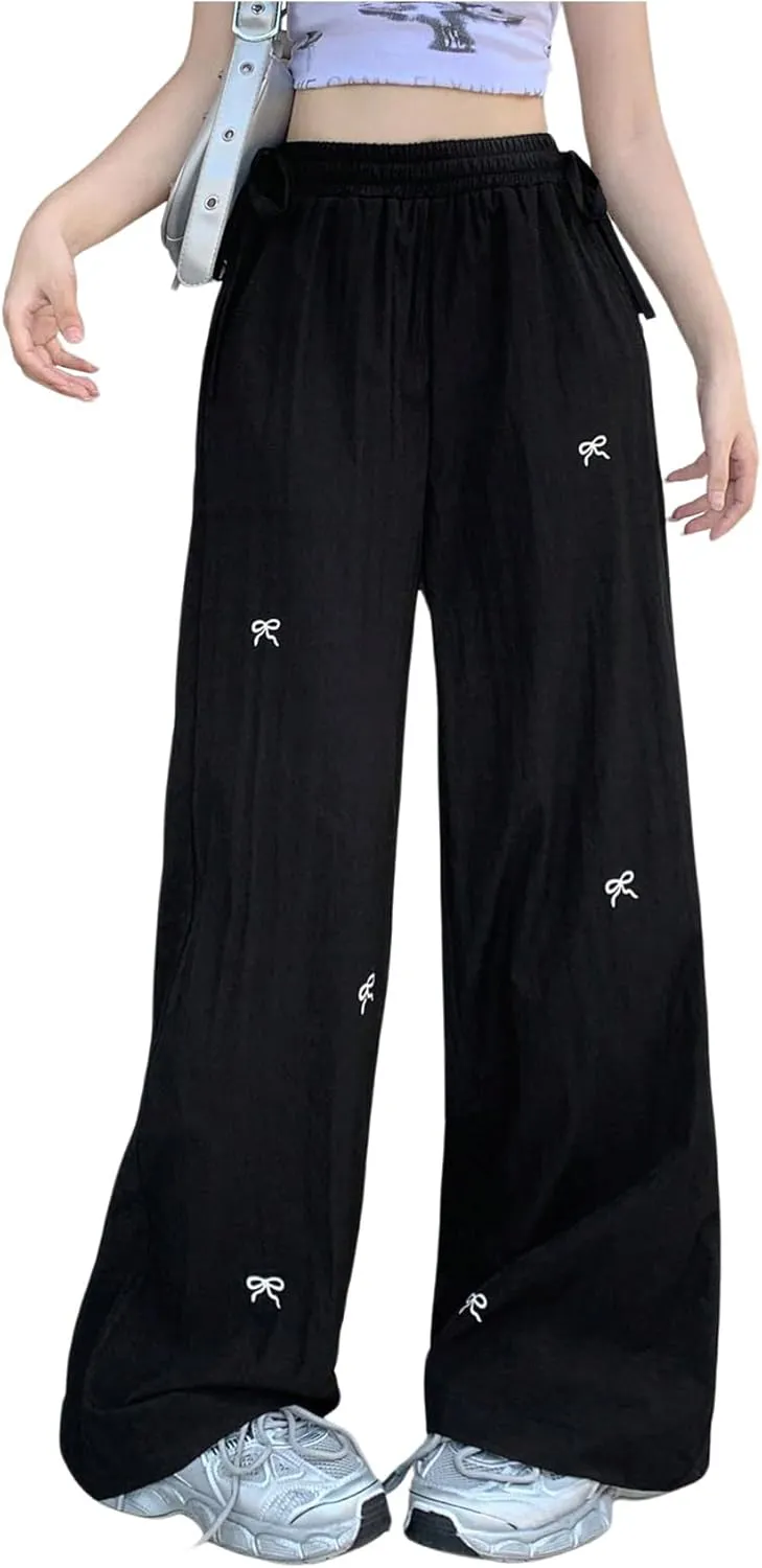 SweatyRocks Women's Bow Pants Drawstring High Waist Wide Leg Casual Loose Trousers