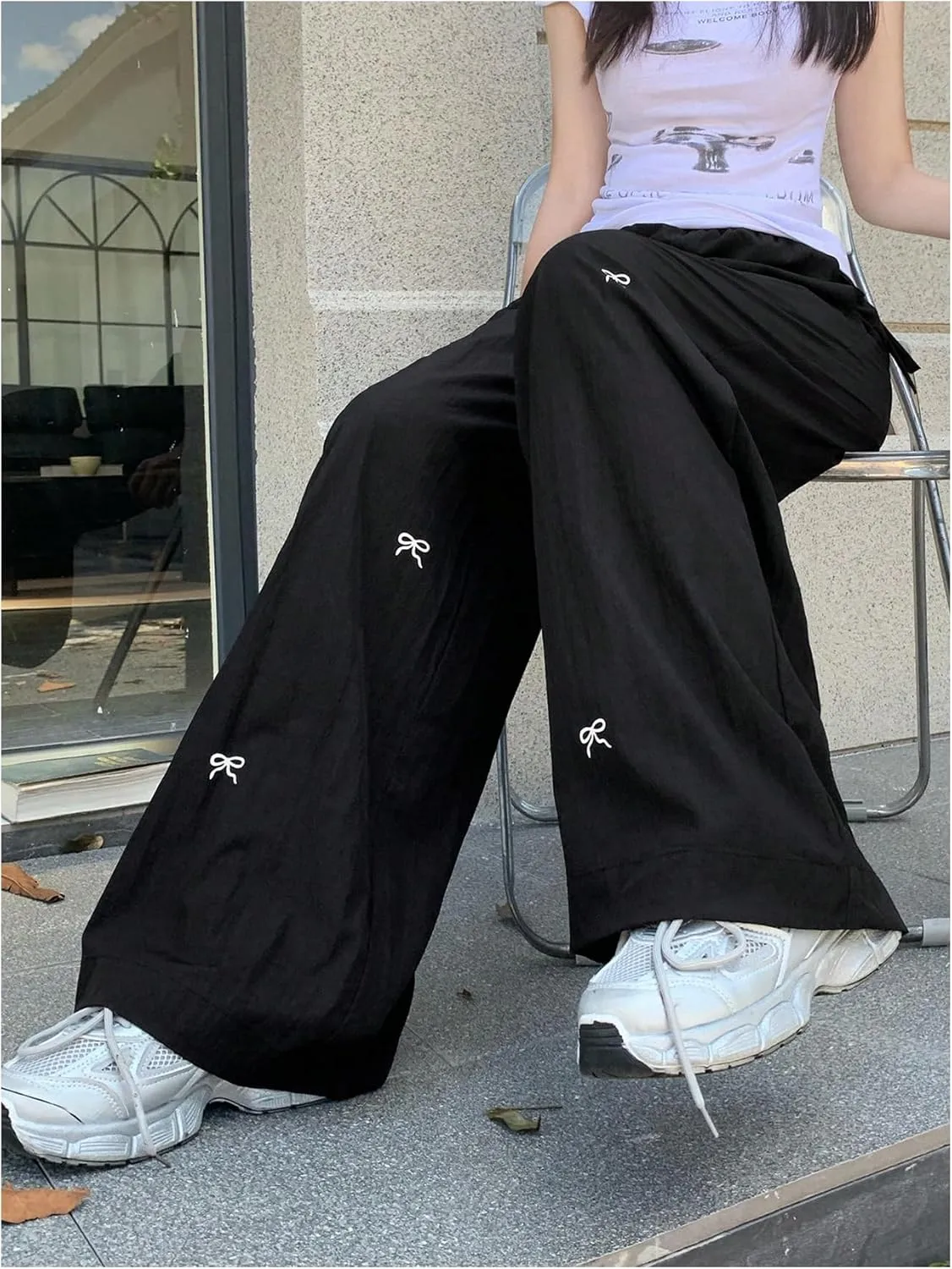 SweatyRocks Women's Bow Pants Drawstring High Waist Wide Leg Casual Loose Trousers