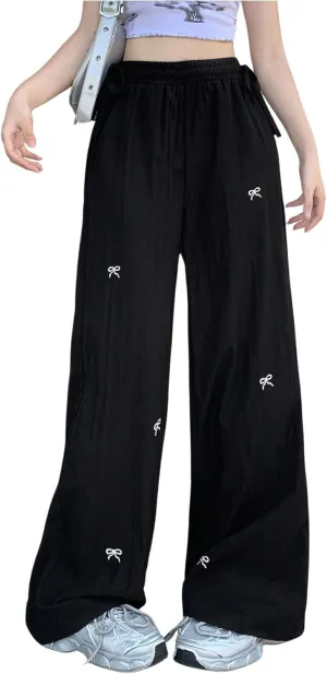 SweatyRocks Women's Bow Pants Drawstring High Waist Wide Leg Casual Loose Trousers