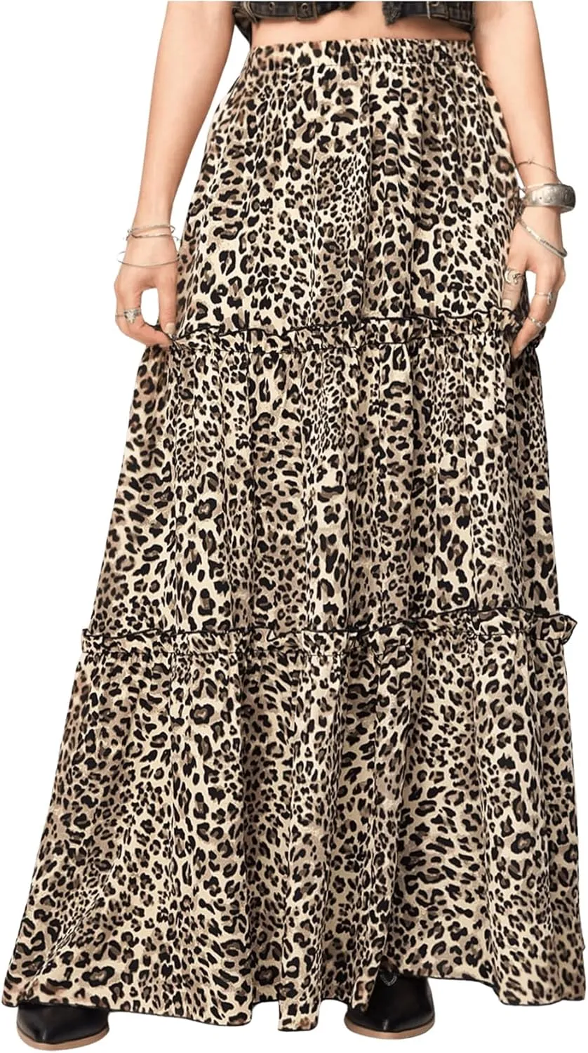 SweatyRocks Women's Leopard Print Layered Ruffle A Line High Waisted Loose Flowy Maxi Skirts