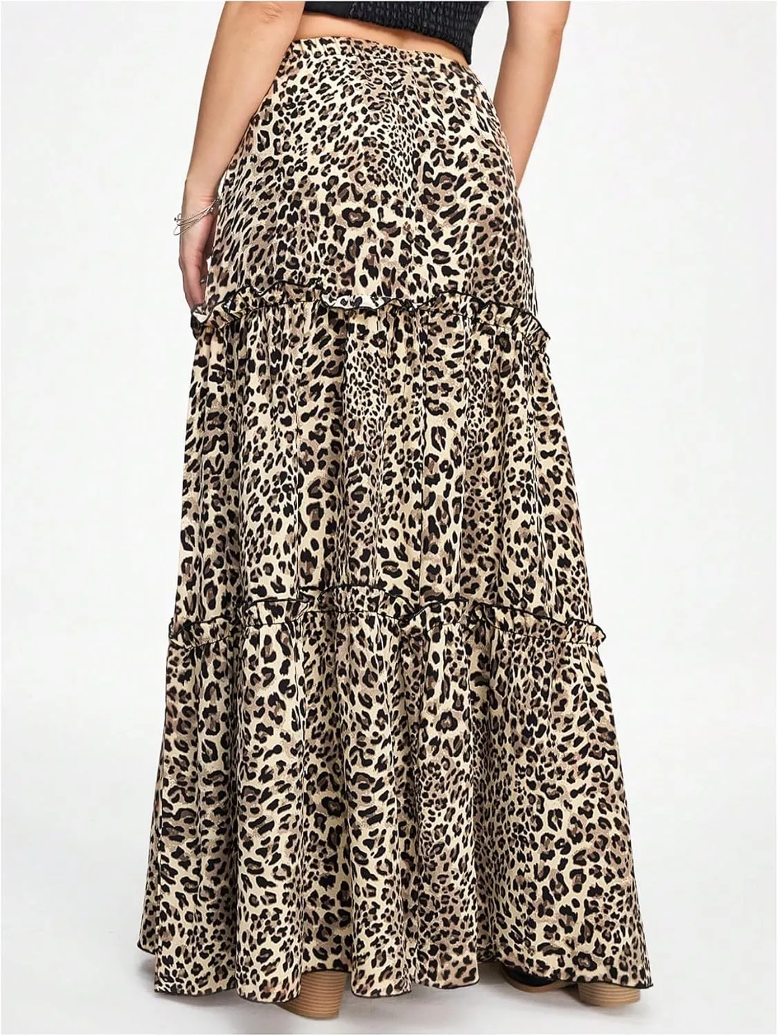 SweatyRocks Women's Leopard Print Layered Ruffle A Line High Waisted Loose Flowy Maxi Skirts