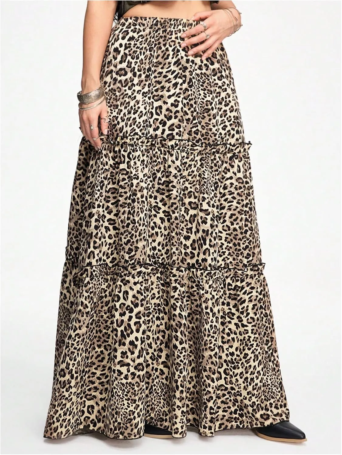 SweatyRocks Women's Leopard Print Layered Ruffle A Line High Waisted Loose Flowy Maxi Skirts