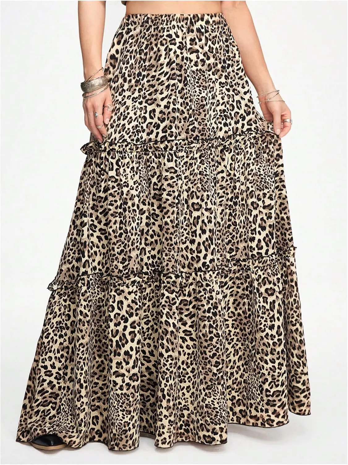 SweatyRocks Women's Leopard Print Layered Ruffle A Line High Waisted Loose Flowy Maxi Skirts