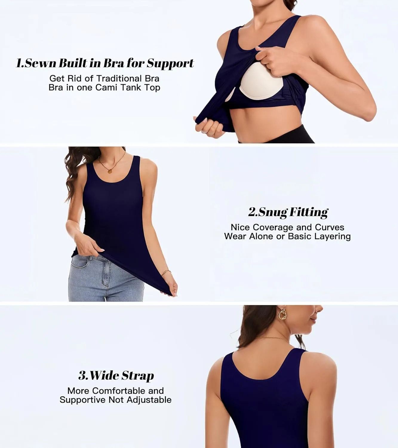 Tank Top with Built in Bra Cup for Women Casual Wide Strap Sleevless Layer Camisole Yoga Top Pack S-3XL