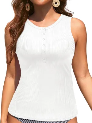 Tankini Tops for Women - High Neck Swim Top Only Ribbed Bathing Suits Button Swimsuit No Bottom