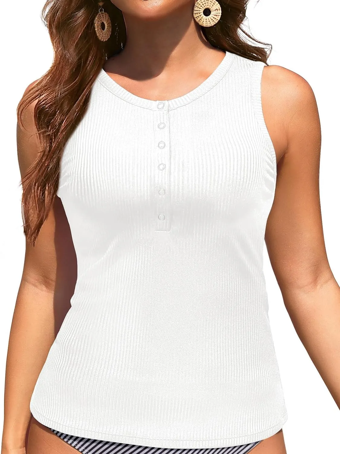 Tankini Tops for Women - High Neck Swim Top Only Ribbed Bathing Suits Button Swimsuit No Bottom