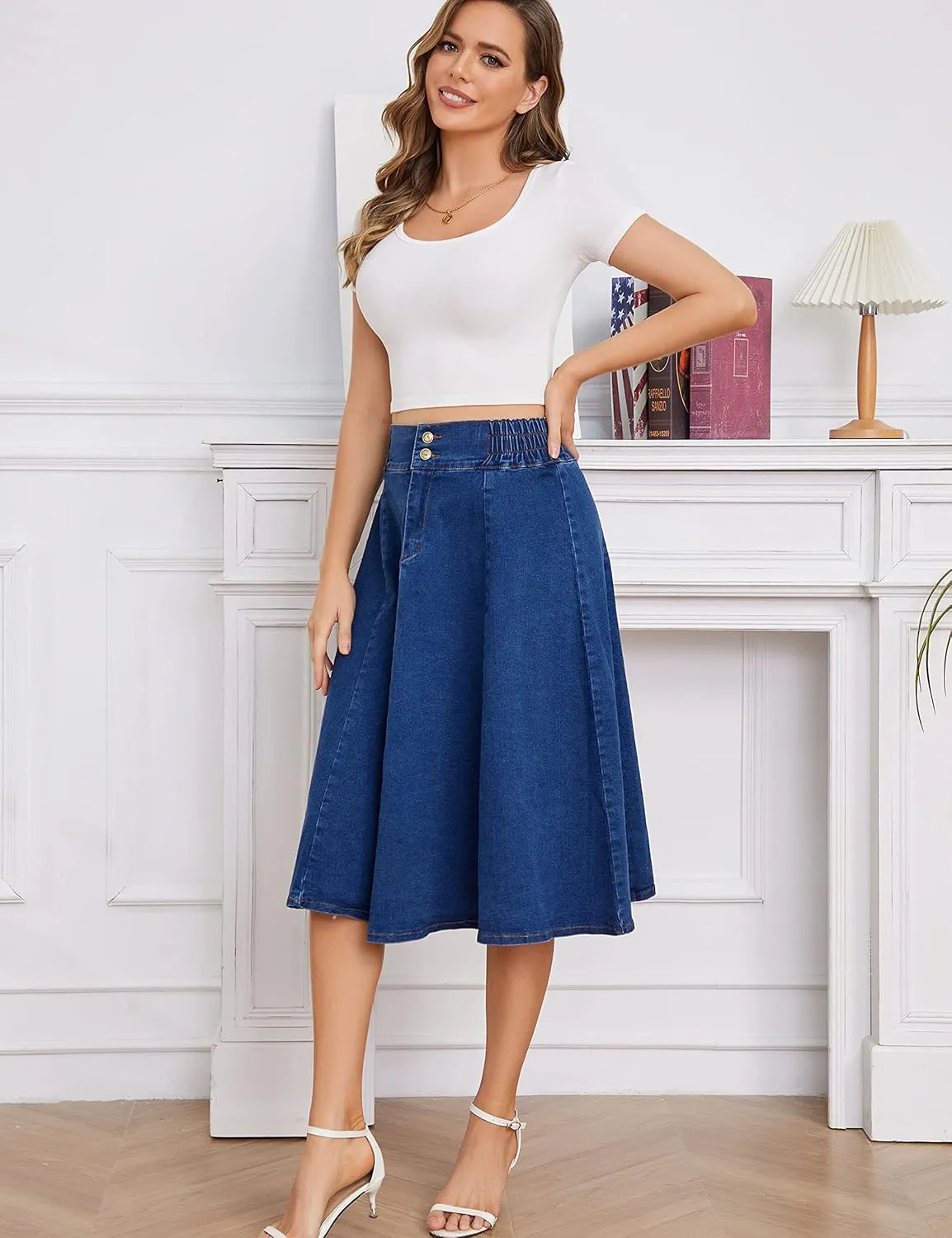 Tanming Long Denim Skirt for Women Casual High Elastic Waist Flared Blue Jean Midi Skirt