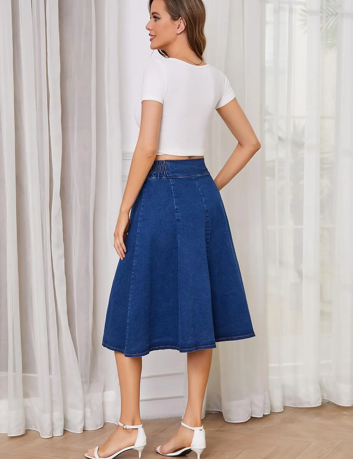 Tanming Long Denim Skirt for Women Casual High Elastic Waist Flared Blue Jean Midi Skirt