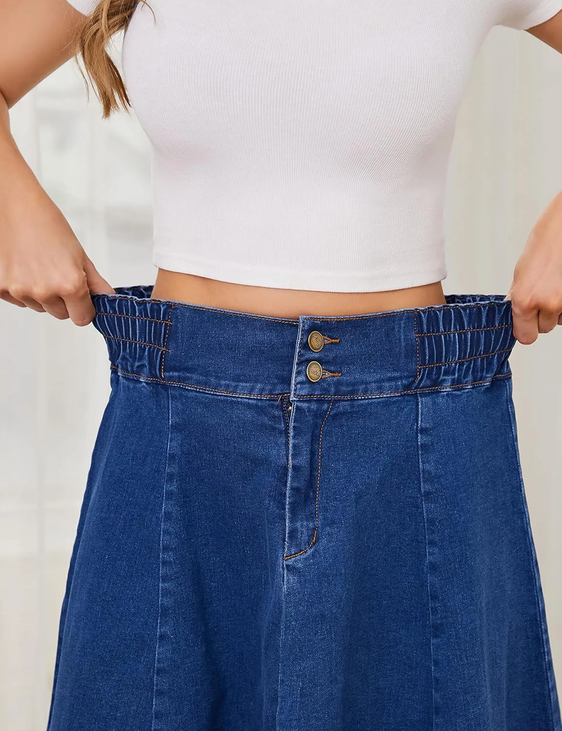 Tanming Long Denim Skirt for Women Casual High Elastic Waist Flared Blue Jean Midi Skirt