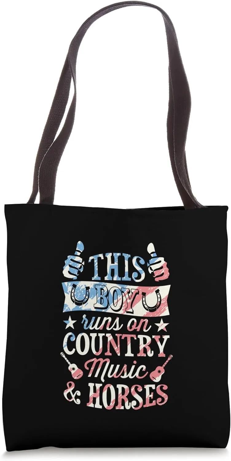 This Boy Runs On Country Music And Horses Tote Bag