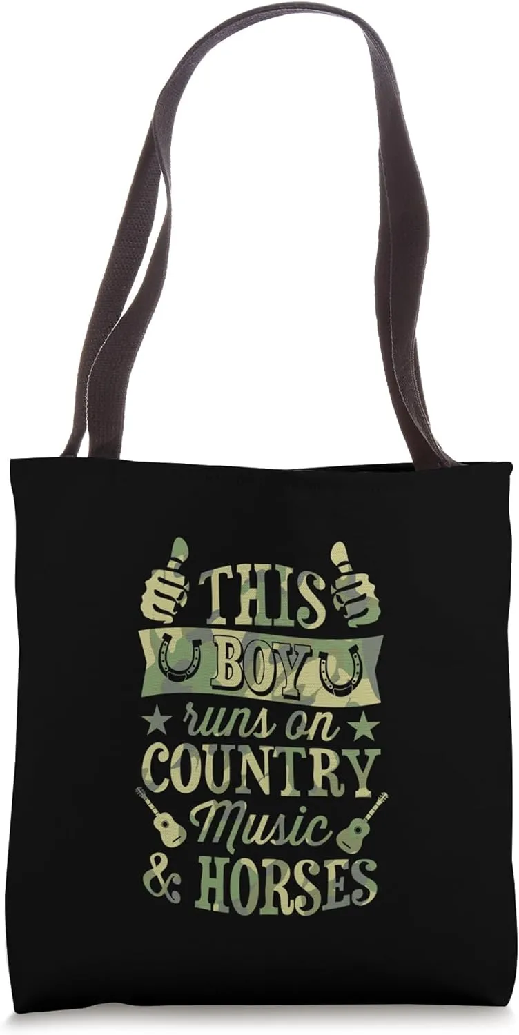 This Boy Runs On Country Music And Horses Tote Bag