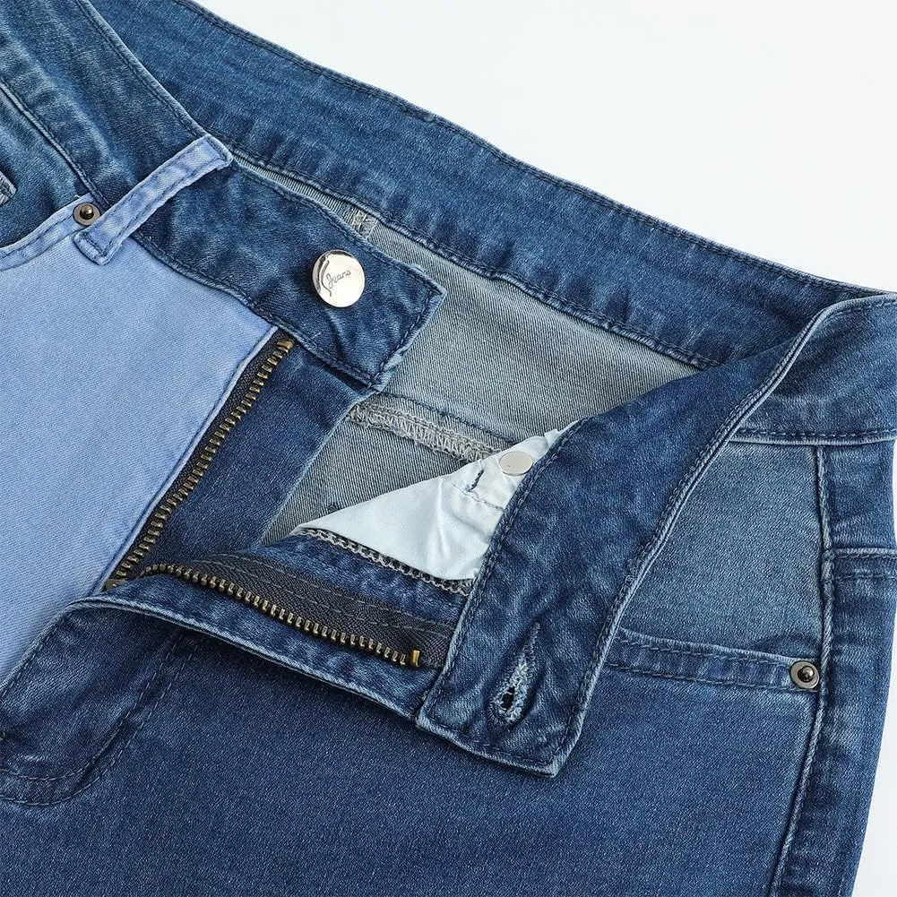 THUNDER STAR Women Patchwork Flare Jeans Stretch High Waisted Bell Bottom Raw Hem Denim Pants